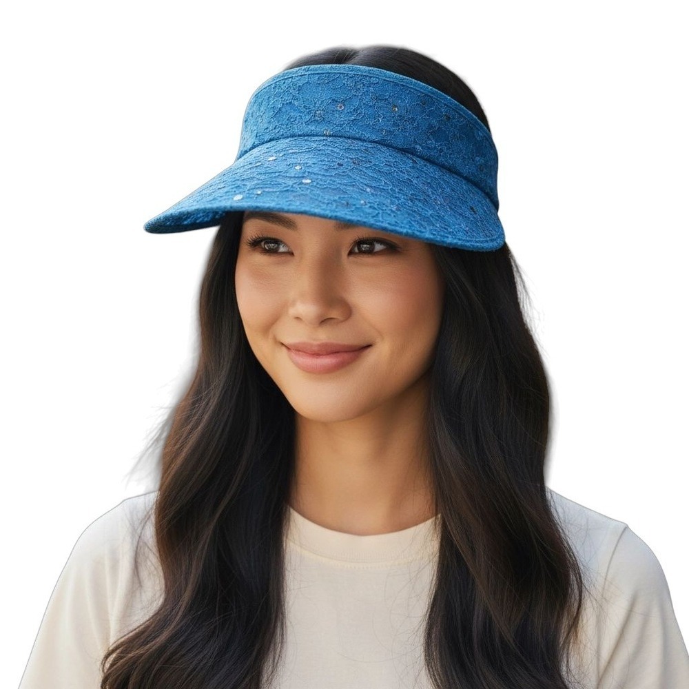 Womens Blue Lace Sequined Sun Visor‎ Summer Beach Golf Tennis Hat